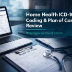 Home health ICD-10 coding and plan of care review workspace with laptop and patient documents