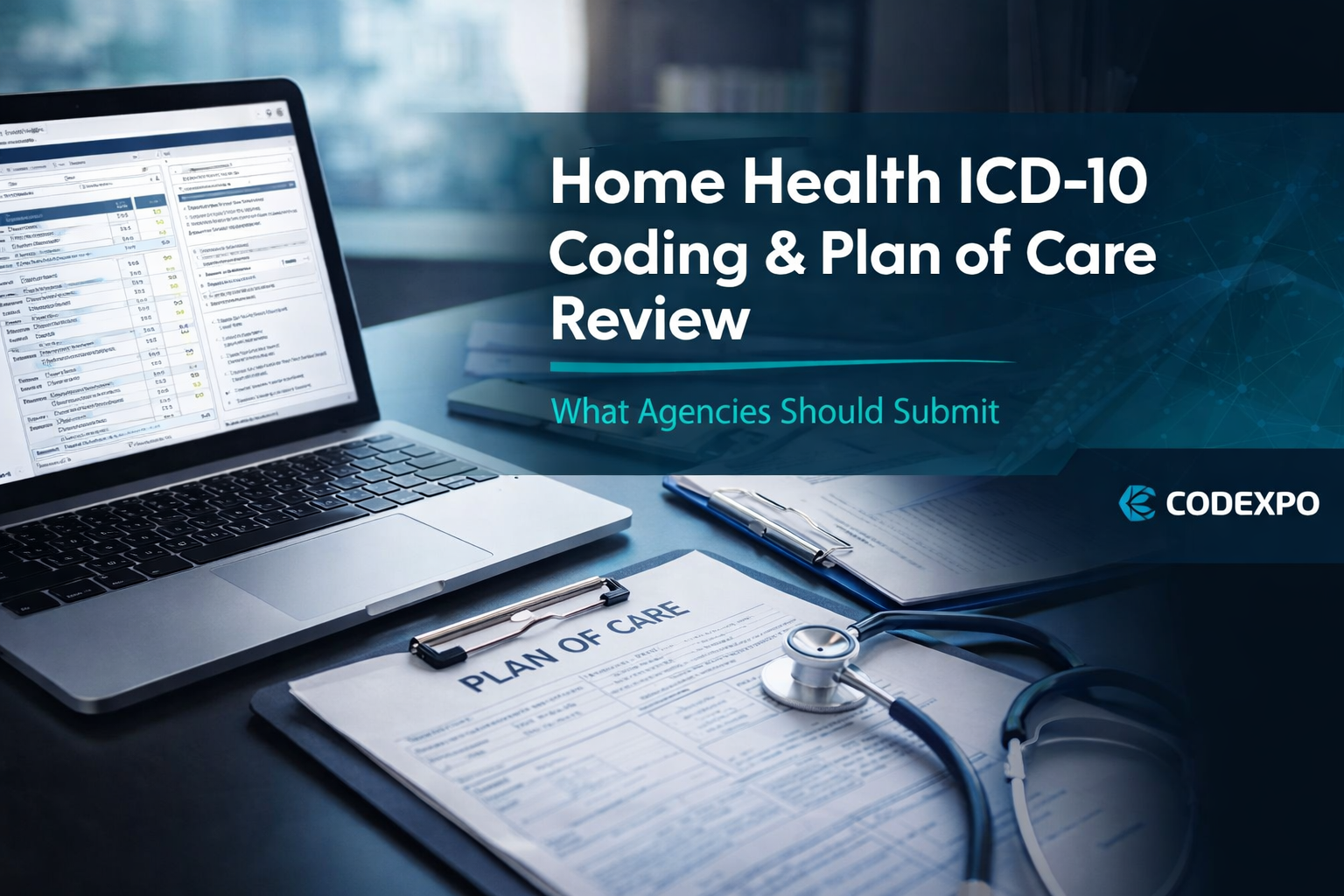 Home health ICD-10 coding and plan of care review workspace with laptop and patient documents